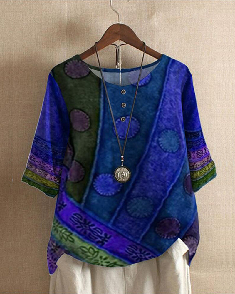 Women’s Boho Top – Relaxed Fit – Natural Fibers – Button Front – 3/4 Sleeve Patterned