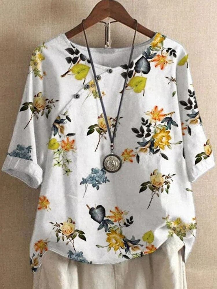Women’s Blouse – Relaxed Fit – Round Neck – Mid Sleeve – Floral Print – Breathable Blend