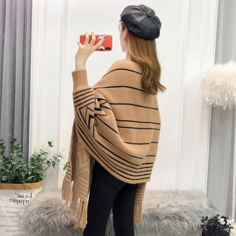 Women's mid-length faux mink fringe batwing knitted cardigan