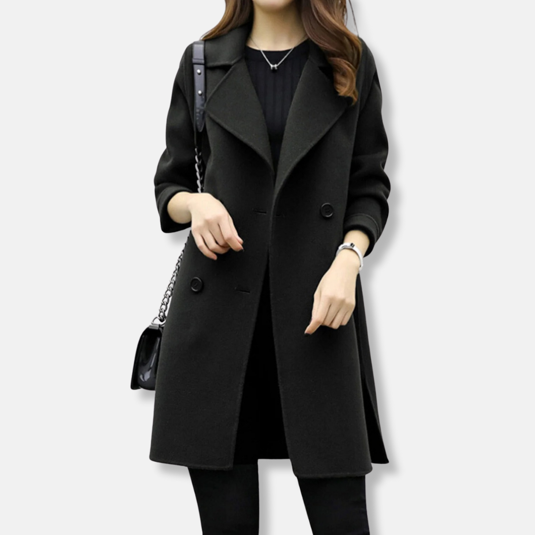 Women’s Coat - Wool - Double Breasted - Notched Lapel - Mid-Thigh Length