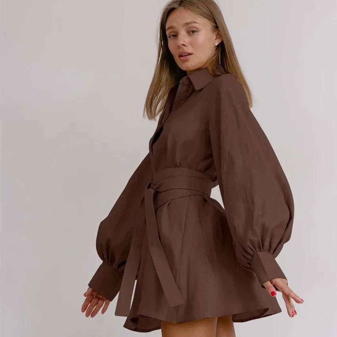 Women's Shirt Dress - Oversized Fit - Long Lantern Sleeves - Lightweight Cotton Blend