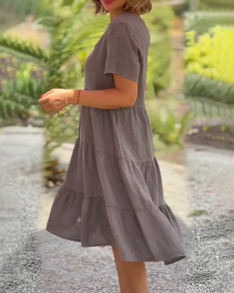 Women's Casual Midi Dress - V-Neck - Short Sleeve - Loose Fit Tiered Design