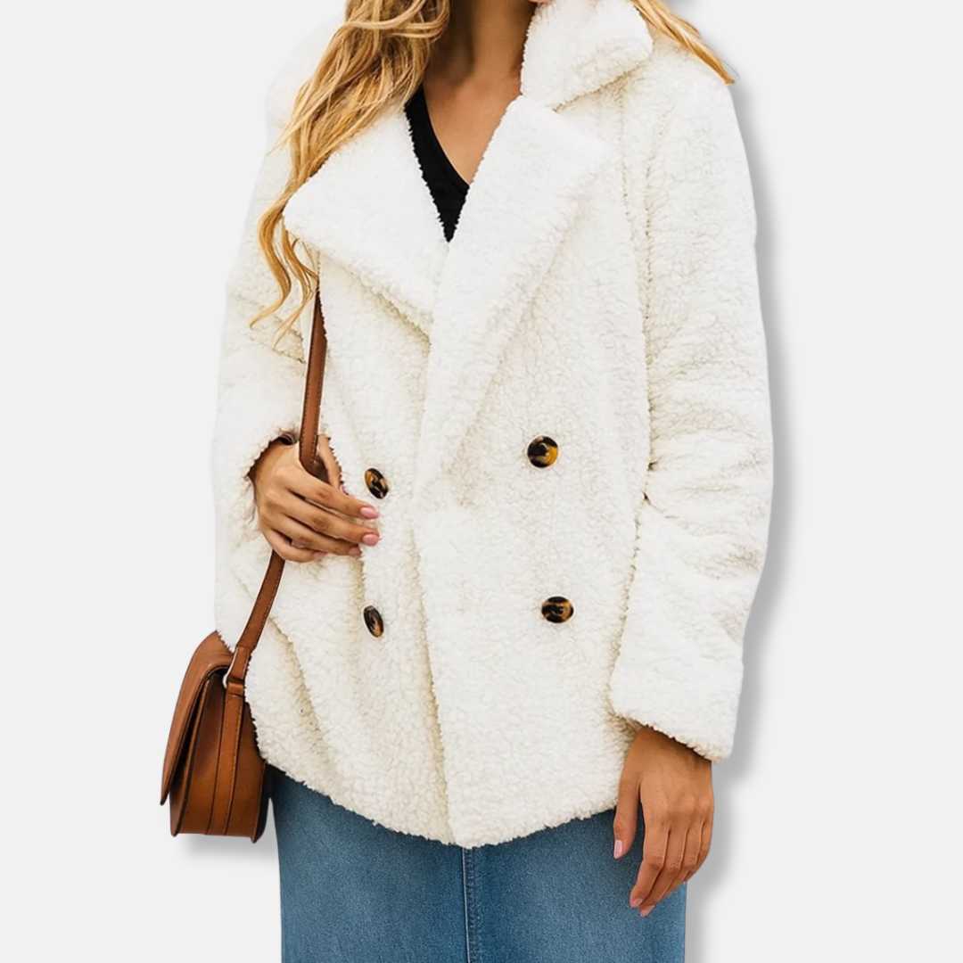 Women’s Fleece Jacket – Sherpa Texture – Relaxed Fit – Double-Breasted Lapel Style