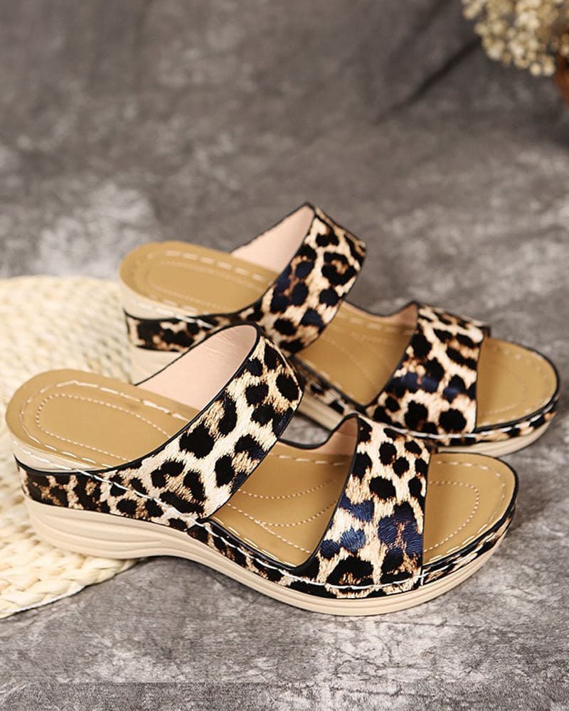 Women's Wedge Sandals - Animal Print Straps - Comfortable Platform Casual Wear
