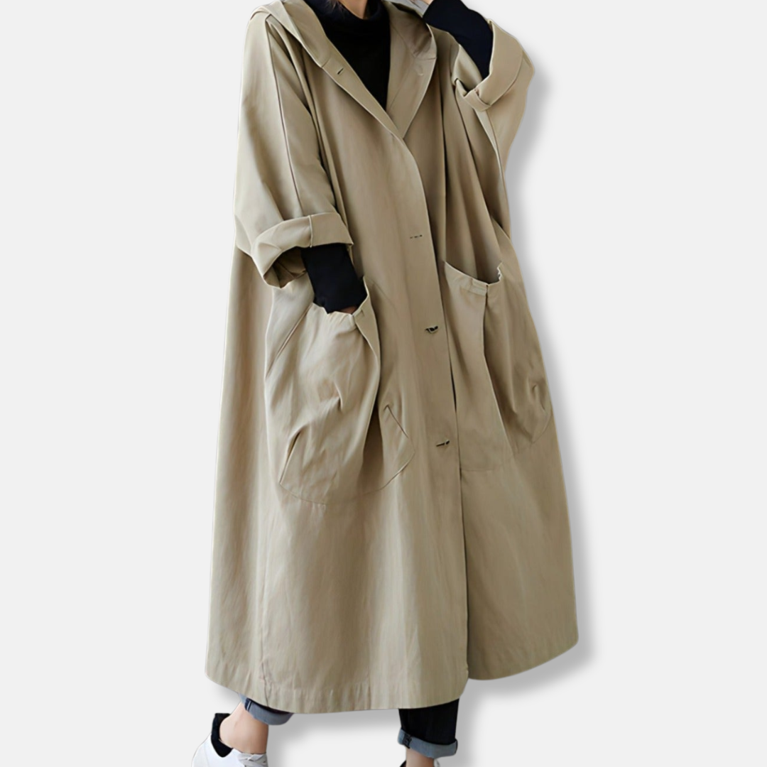 Isabella Cotton Oversized Hooded Trench Coat | Retro Button Front Coat