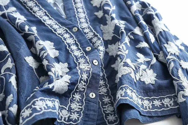 Embroidered Relaxed Fit V-Neck Blouse