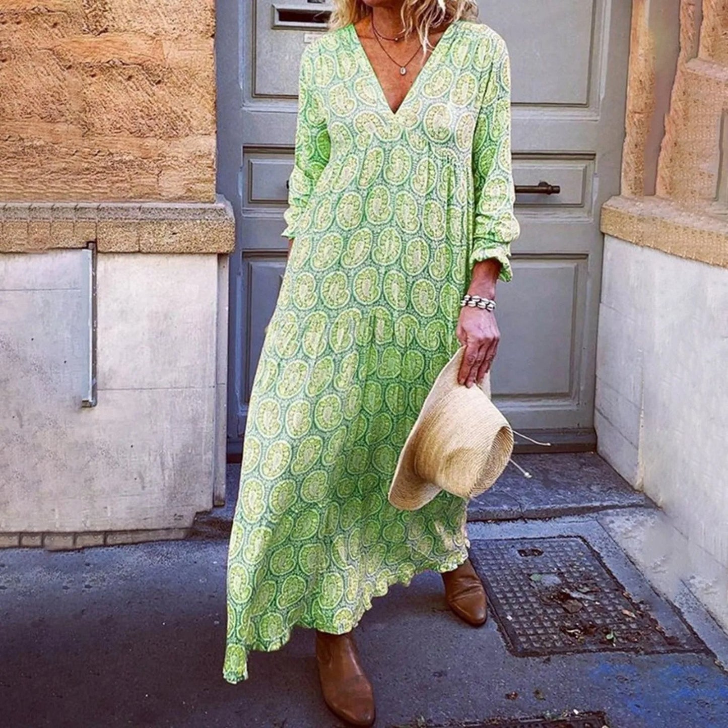 Women’s Maxi Dress – Relaxed Fit – V-Neck – Long Sleeve – Geometric Print – Breathable Blend