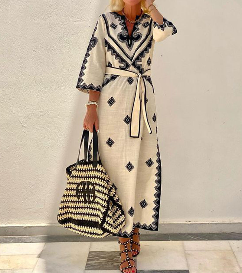 Women's Maxi Dress - V-Neck Embroidered - Three-Quarter Sleeve - Waist Tie Boho Chic