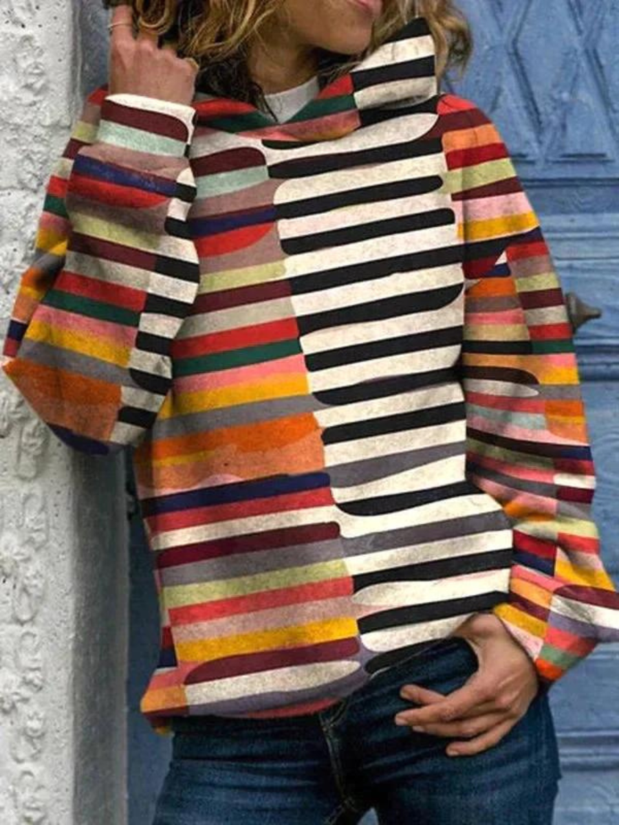 Women's Hooded Sweatshirt - Multicolor Striped - Relaxed Fit - Long Sleeve Casual Wear