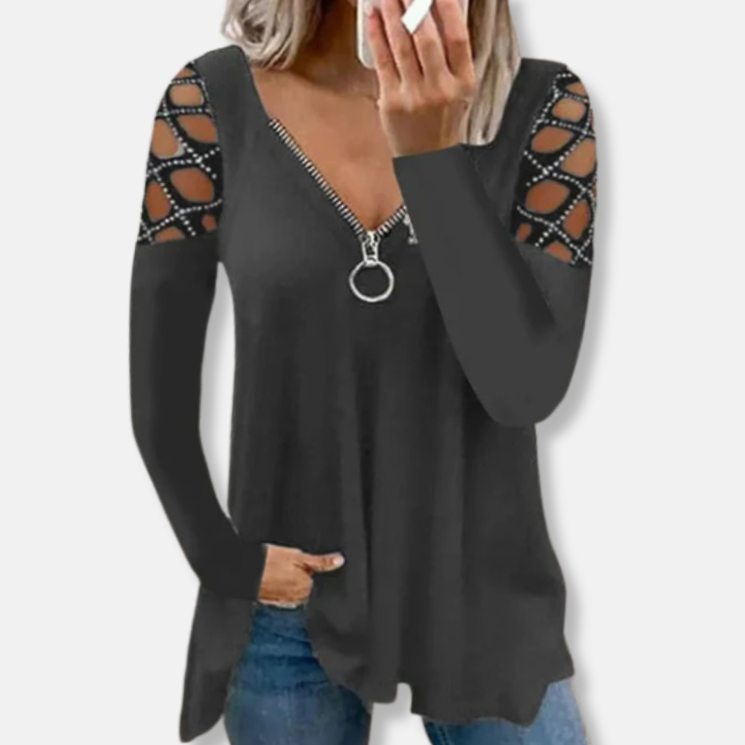 Isabella Tunic Top | V-Neck Zipper Long Sleeve Tunic Top