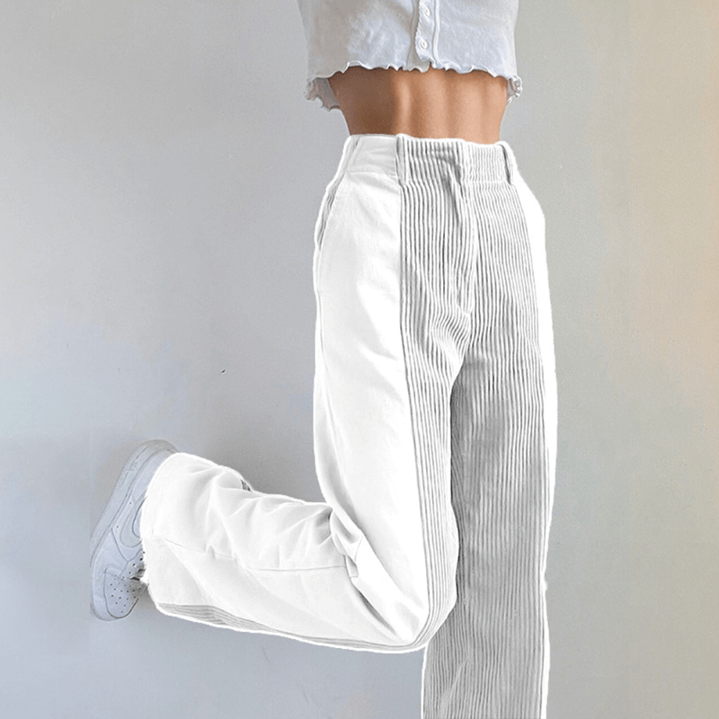 Women’s High-Waist Trousers – Relaxed Fit – Wide Leg – Ribbed and Smooth Panels