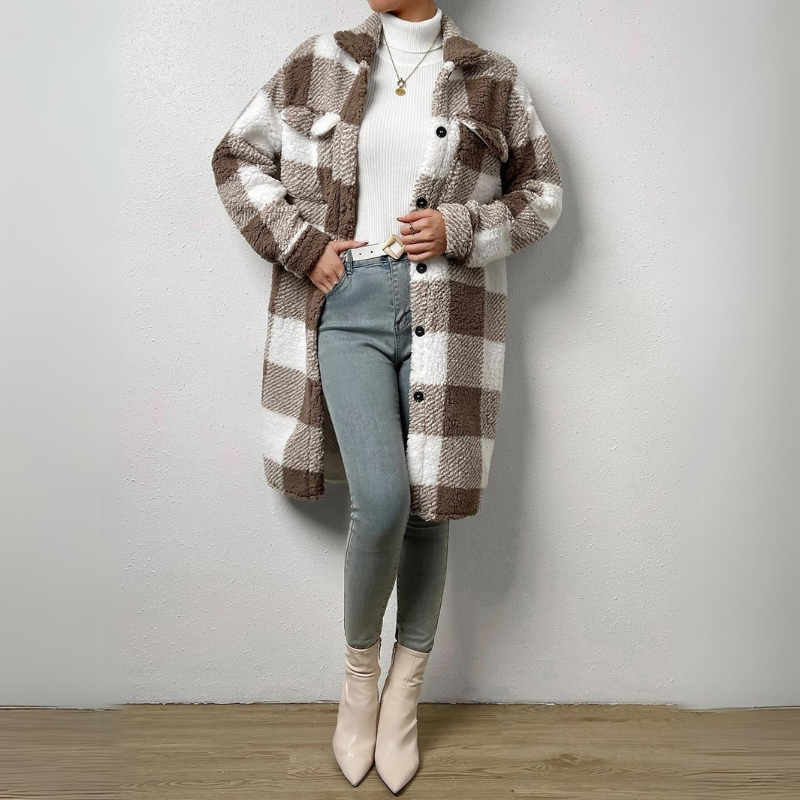 Women's open button lapel plush plaid midi jacket
