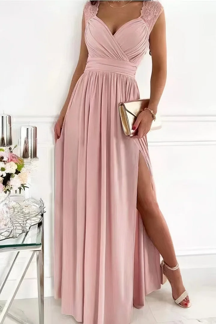 Women’s Evening Gown - Sleeveless V-Neck - Lace Shoulder Accents - High Slit Elegant Fit