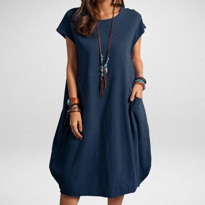 Women’s Long Dress – Relaxed Fit – Breathable Blend – Short Sleeve with Pockets