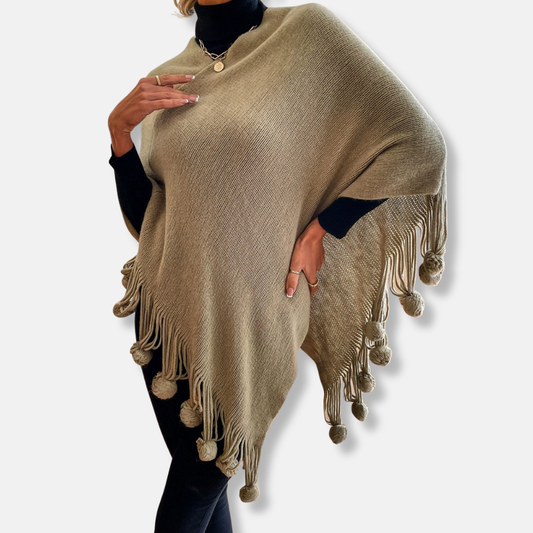 Sienna Relaxed Fit Cape | Fringe Pom-Pom Trim Cape