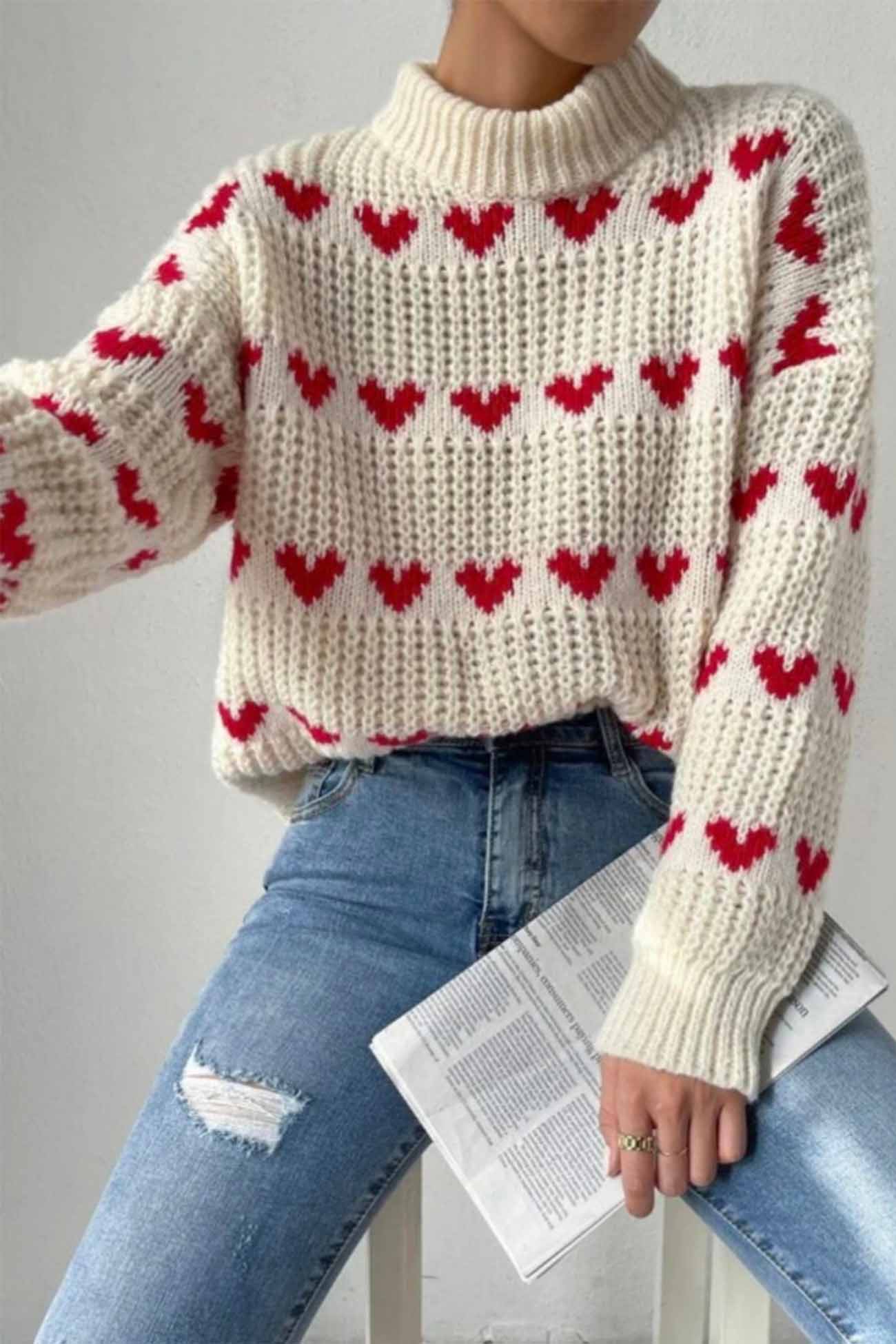 Women's Knitted Sweater - Chunky Knit - Mock Neck - Relaxed Fit - Heart Pattern