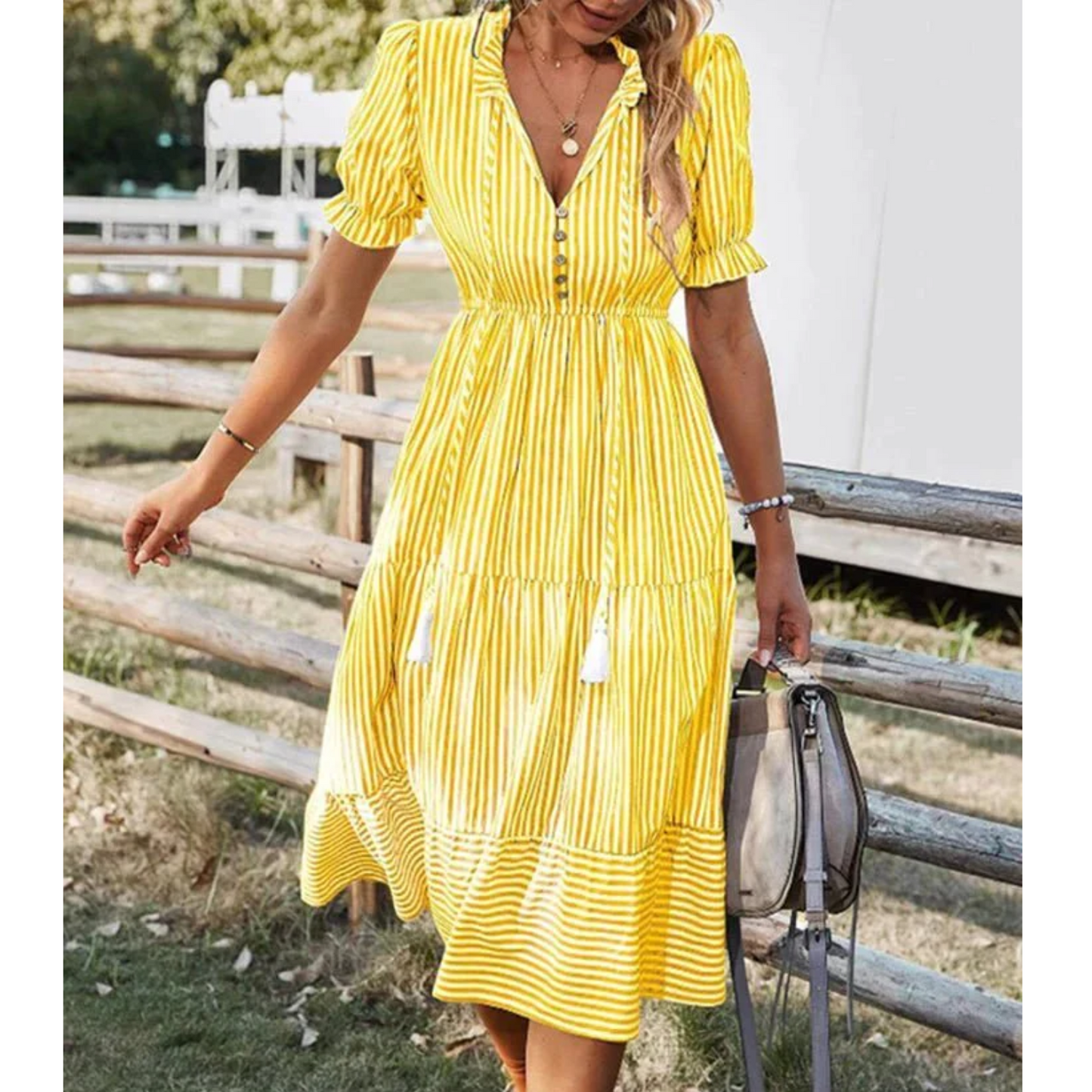Women's Striped Dress - V-Neck Button Front - Puff Sleeve Tiered Ruffle Hem