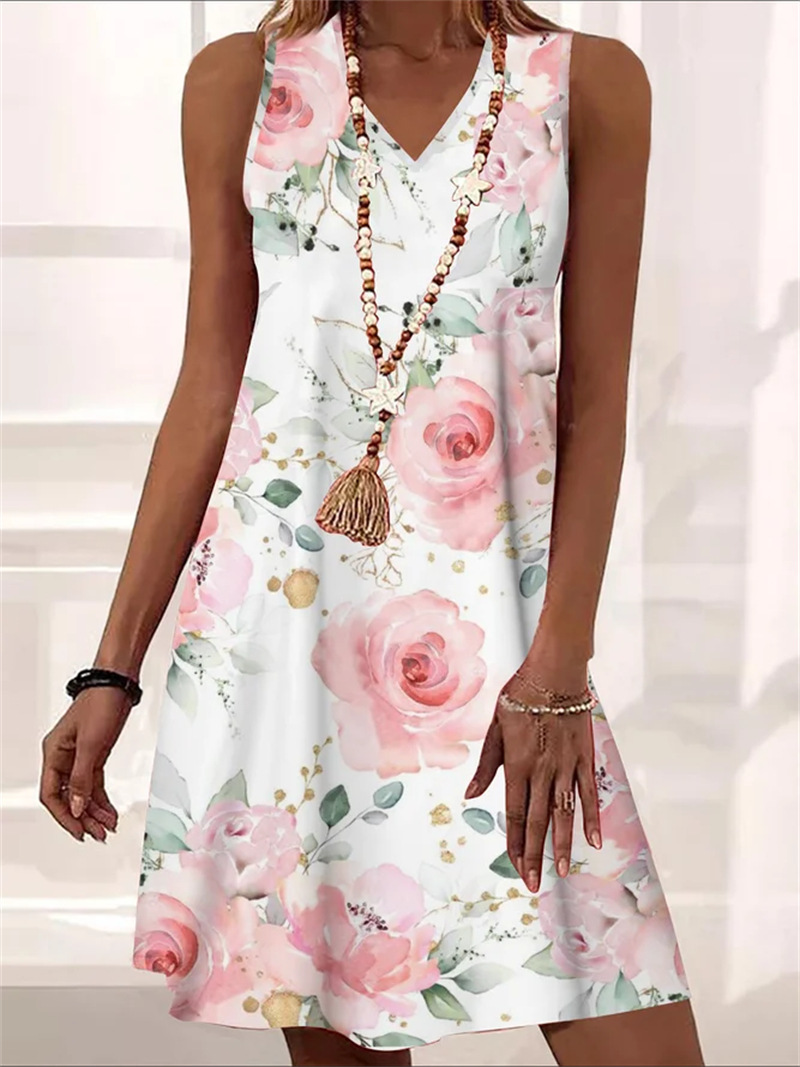 Women's Sleeveless Dress - V-Neck A-Line - Lightweight Floral Casual Wear