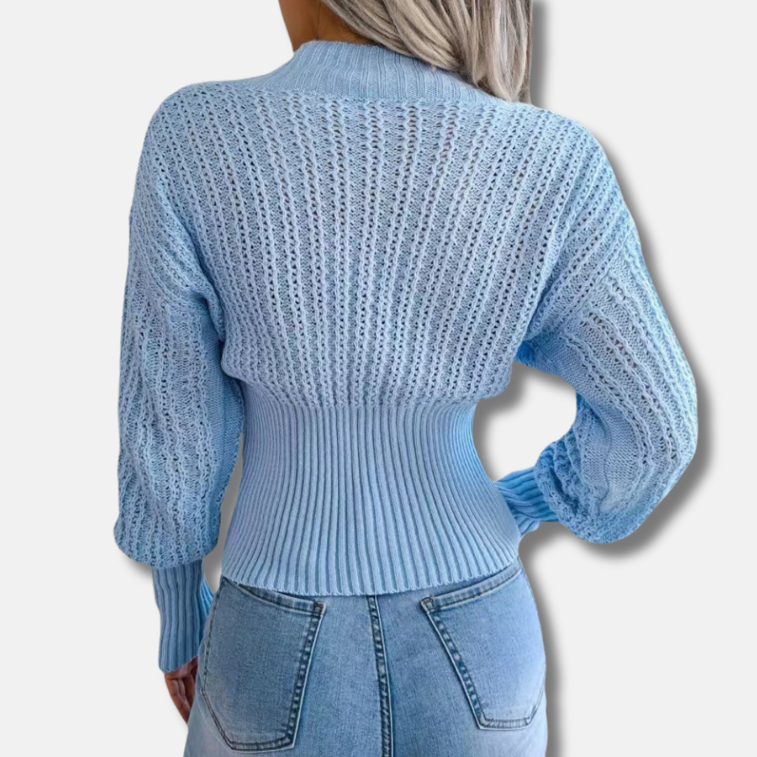 Women’s Knit Top – Slim Fit Wrap Style – Deep V-Neck – Ribbed Waist – Open-Knit Sleeves