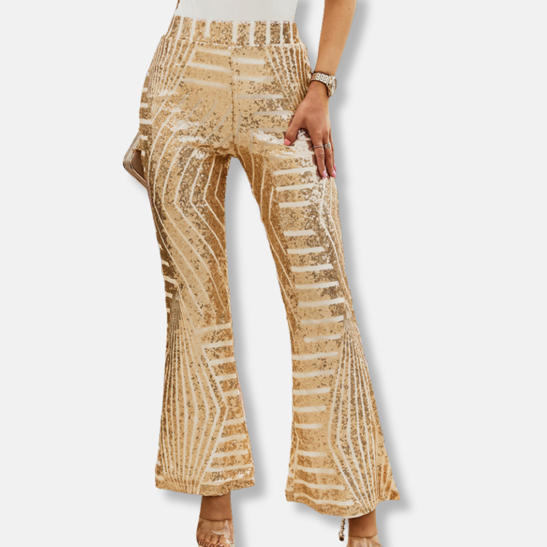 Women’s Pants – High Waist – Sequin Geometric Detail – Wide Leg – Full Length Fit