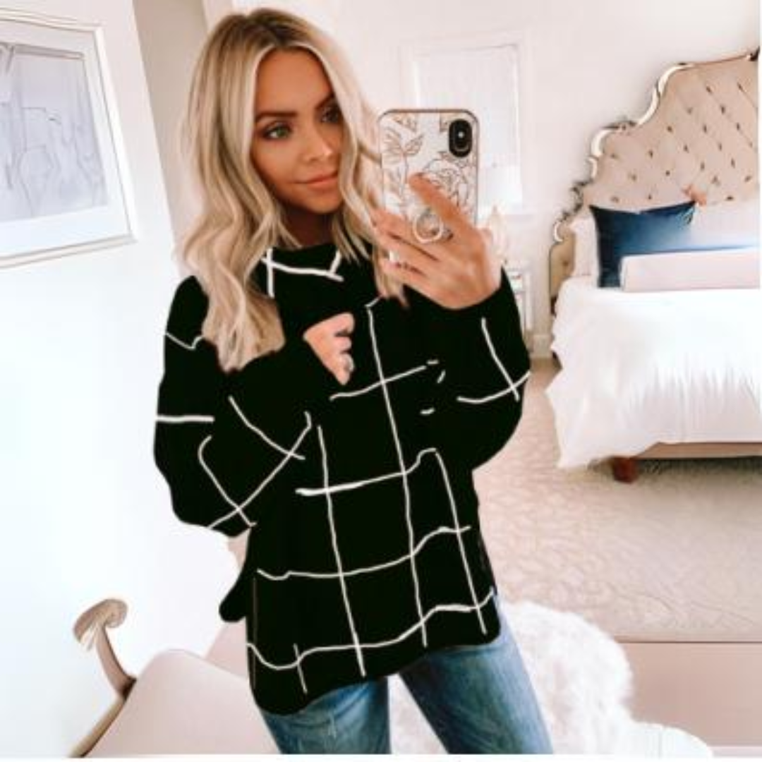 Spliced High Neck Check Sweater