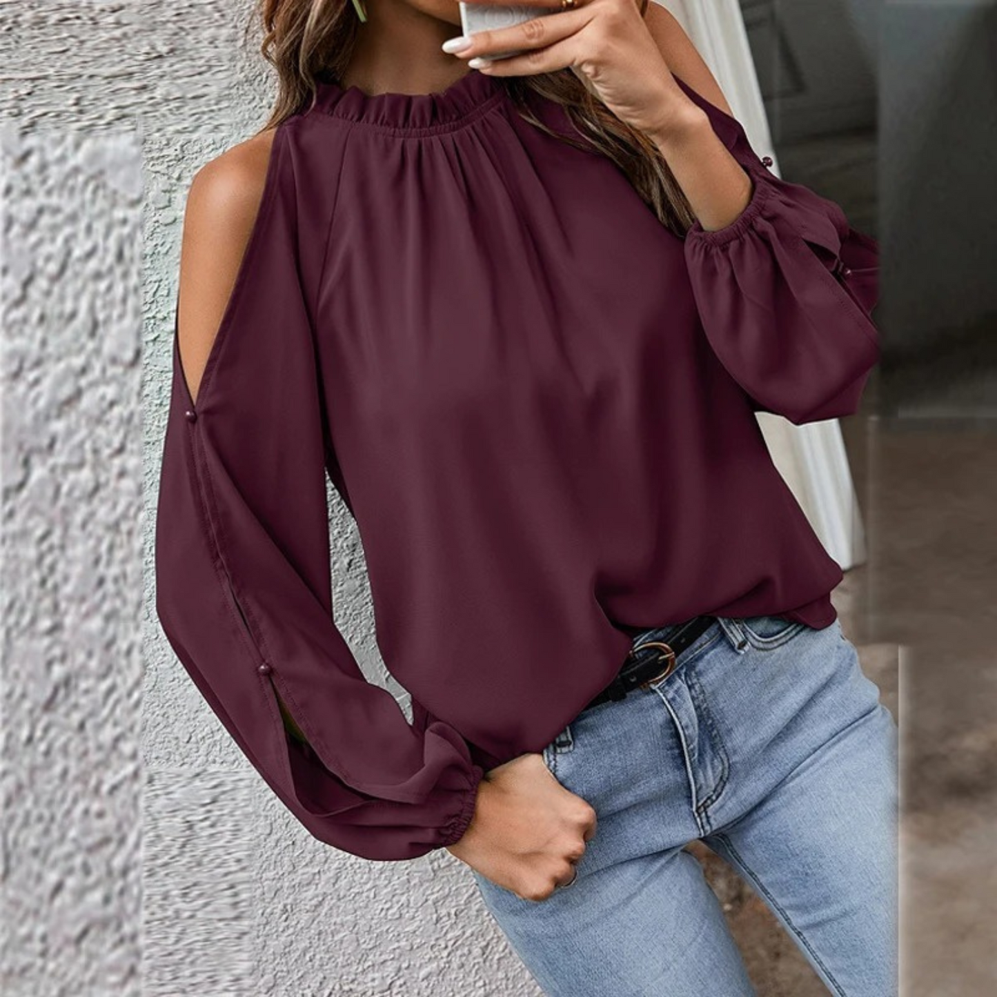 Women's Blouse - Cold Shoulder - Long Sleeve - High Neck - Relaxed Fit
