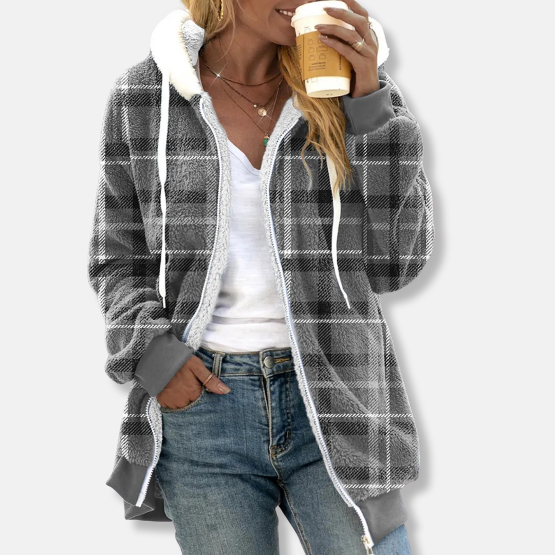 Isla Fleece Hooded Jacket | Relaxed Fit Check Print Tunic Length Jacket