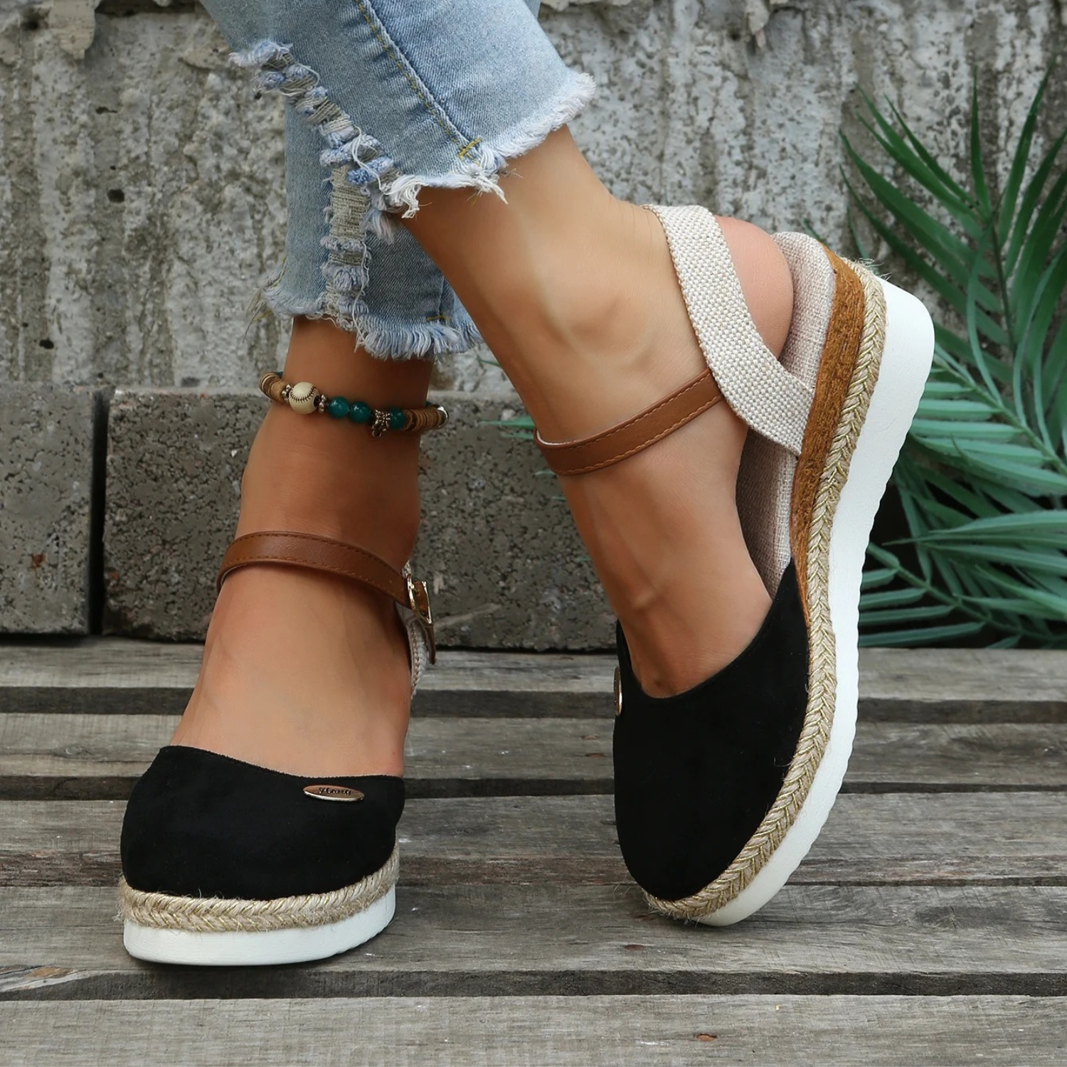 Closed-Toe Adjustable Slingback Wedge Espadrille Sandals