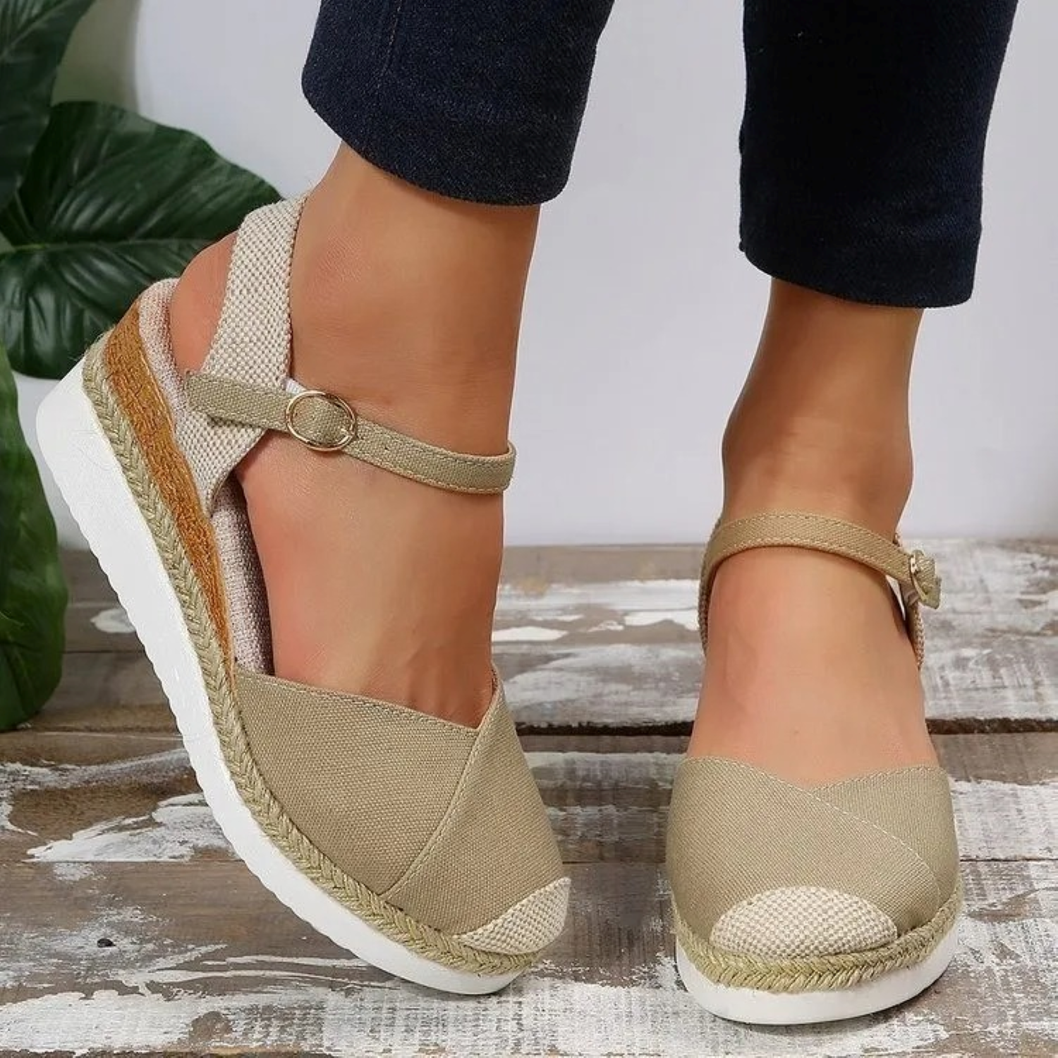 Canvas Ankle Strap Espadrille Wedge Sandals