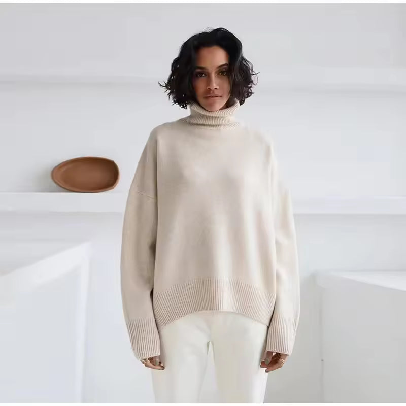 Women’s Pullover Sweater – Oversized Fit – Turtleneck – Wool Knit – Long Sleeve