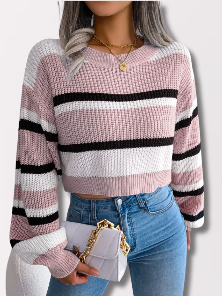 Women's Cropped Sweater - Striped Knit - Relaxed Fit - Long Sleeve Lightweight