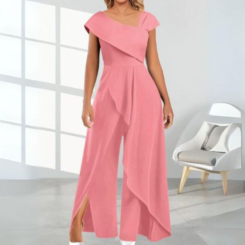 Women's Jumpsuit - One Shoulder Draped Design - Wide Leg with Slit - Elegant Formal Wear