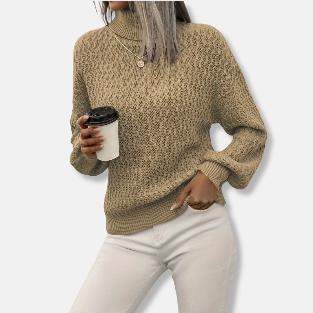 Women’s Sweater - Knit Blend - Turtleneck Collar - Balloon Sleeves