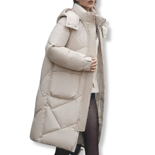 Isla Oversized Quilted Coat | Hooded High Collar Front Pockets Coat