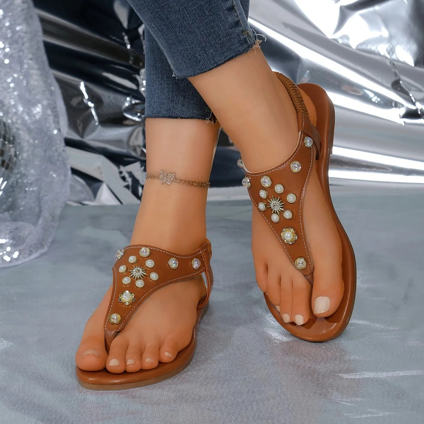 Women's Thong Sandals - Cushioned Footbed - Embellished Design - Slip-On Comfort