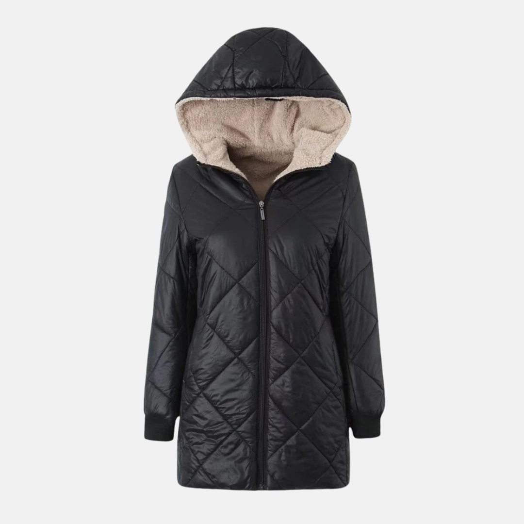 Women’s Quilted Hooded Coat – Reversible – Mid Length – Plush Lined – Ribbed Cuffs
