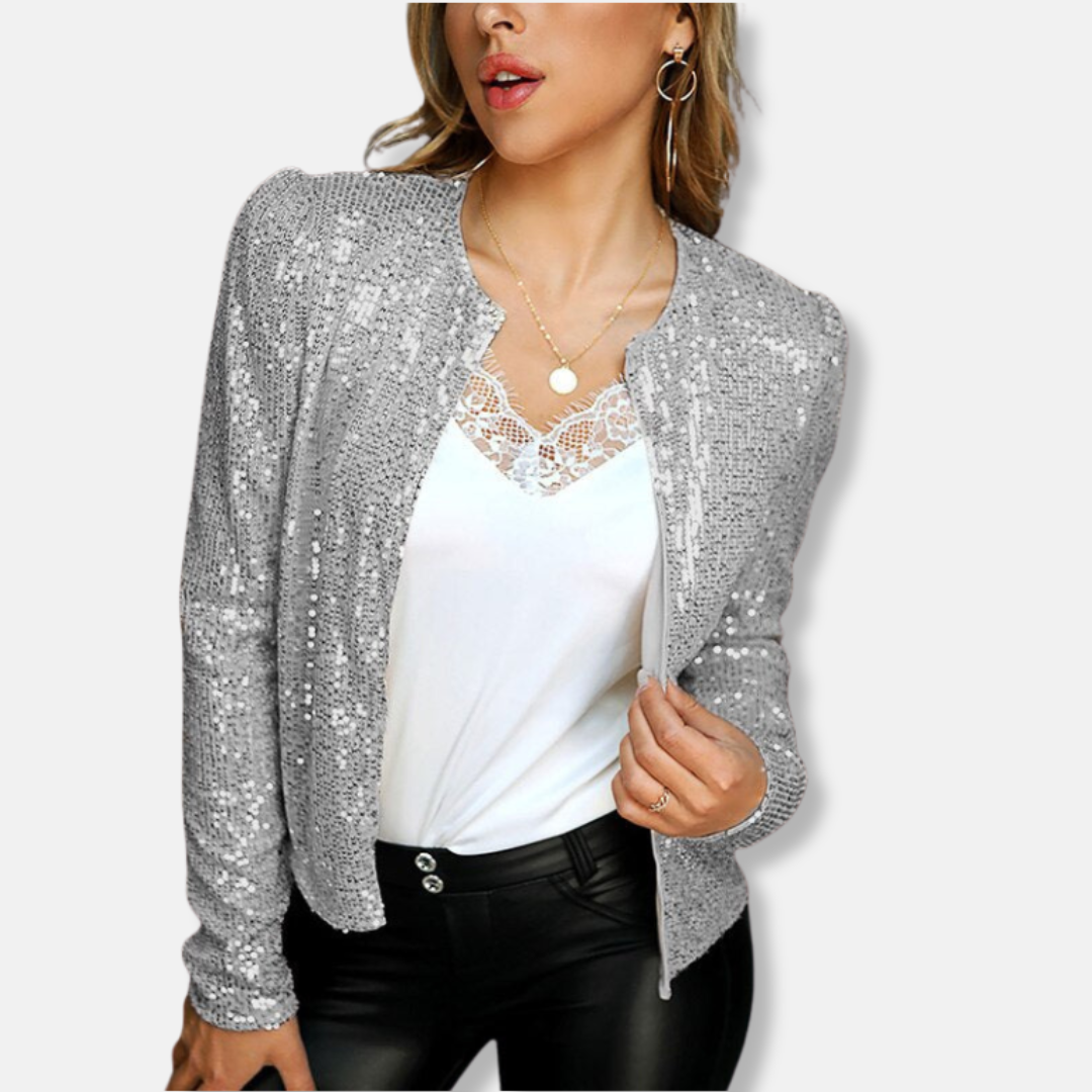 Women’s Blazer Jacket - Woven Fabric - Cropped Length - Collarless Neck - Long Sleeve
