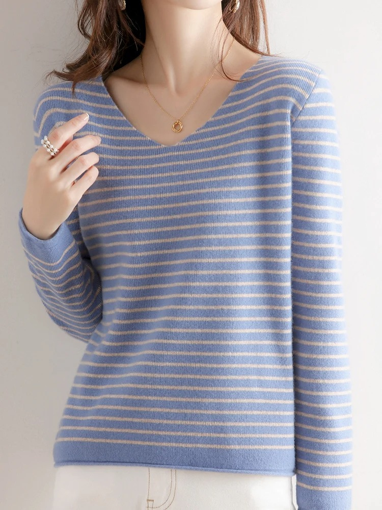 Women's V-Neck Sweater - Soft Knit - Fitted Long Sleeve - Striped Casual Wear
