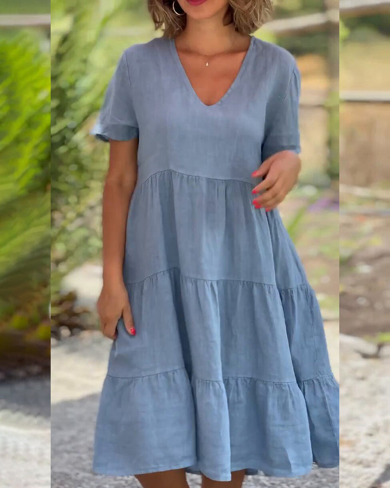 Women's Casual Midi Dress - V-Neck - Short Sleeve - Loose Fit Tiered Design