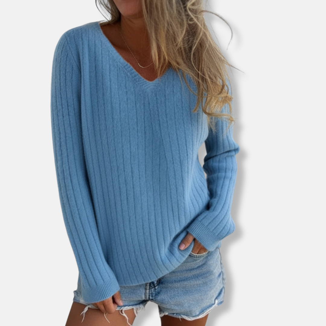 Isla Slim Fit Pullover Sweater | V-Neck Ribbed Long Sleeve Sweater