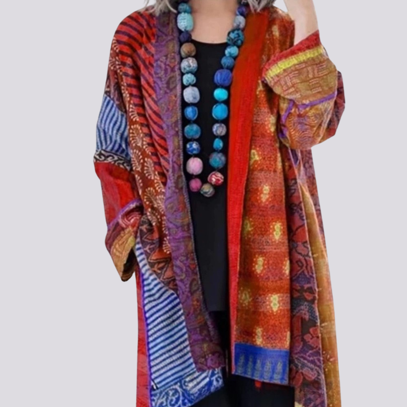 Women’s Boho Patchwork Kimono – Vibrant Vintage-Inspired Long Cardigan