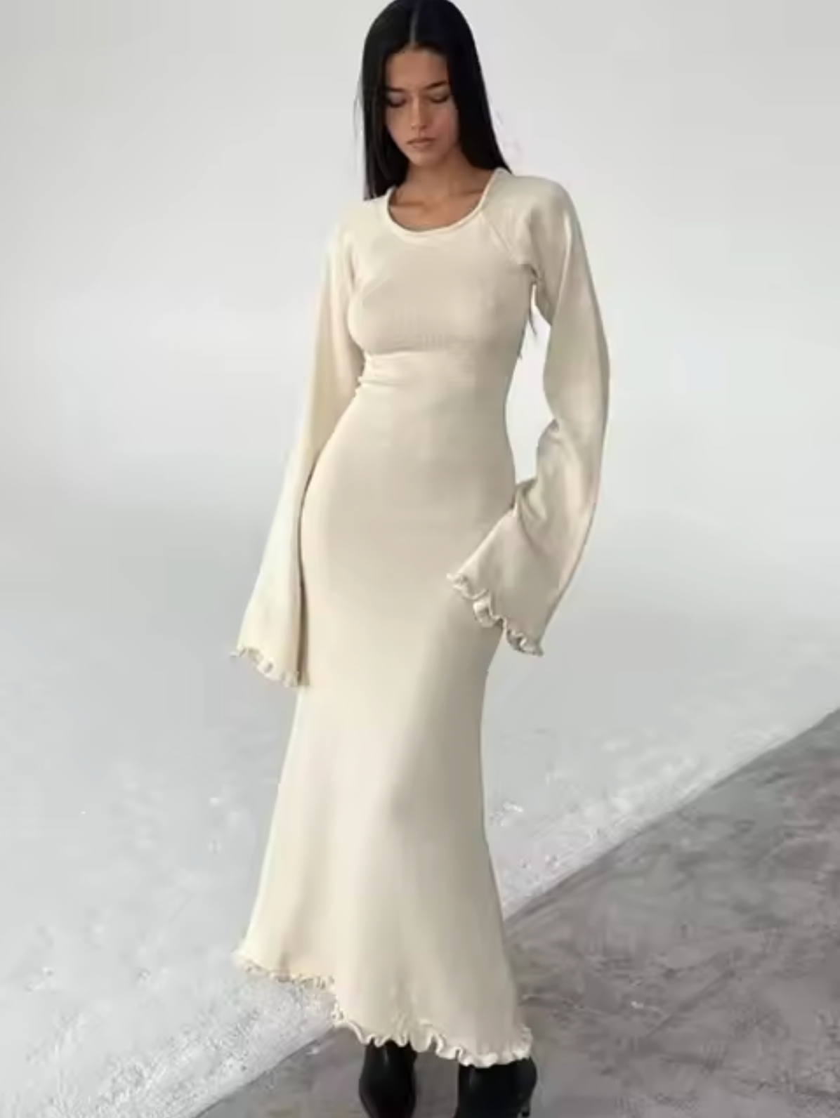 Knitted Maxi Dress for Women with Ruffle Hem