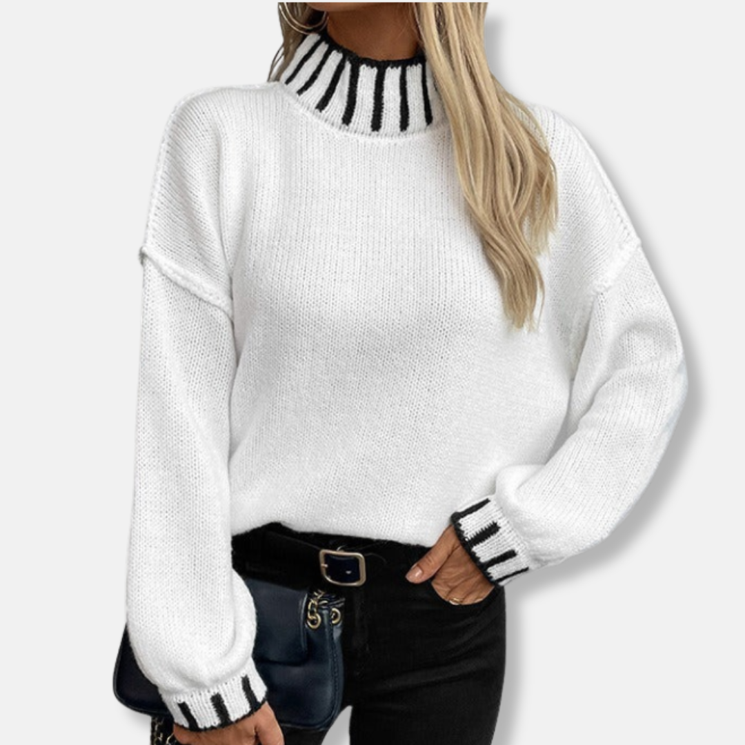 Ribbed Knit Mock Turtleneck Blouson Sleeve Sweater