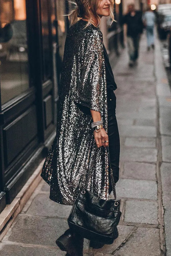 Amelia Loose Fit Sequin Cardigan Jacket | Mid-Length Open Front Jacket