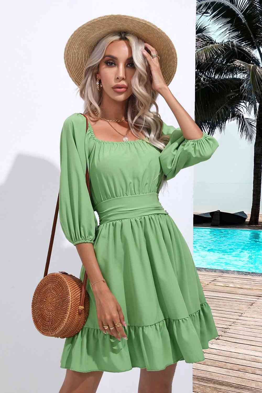 Women's A-Line Dress - Square Neck - 3/4 Sleeve - Ruched Bodice - Tiered Hem
