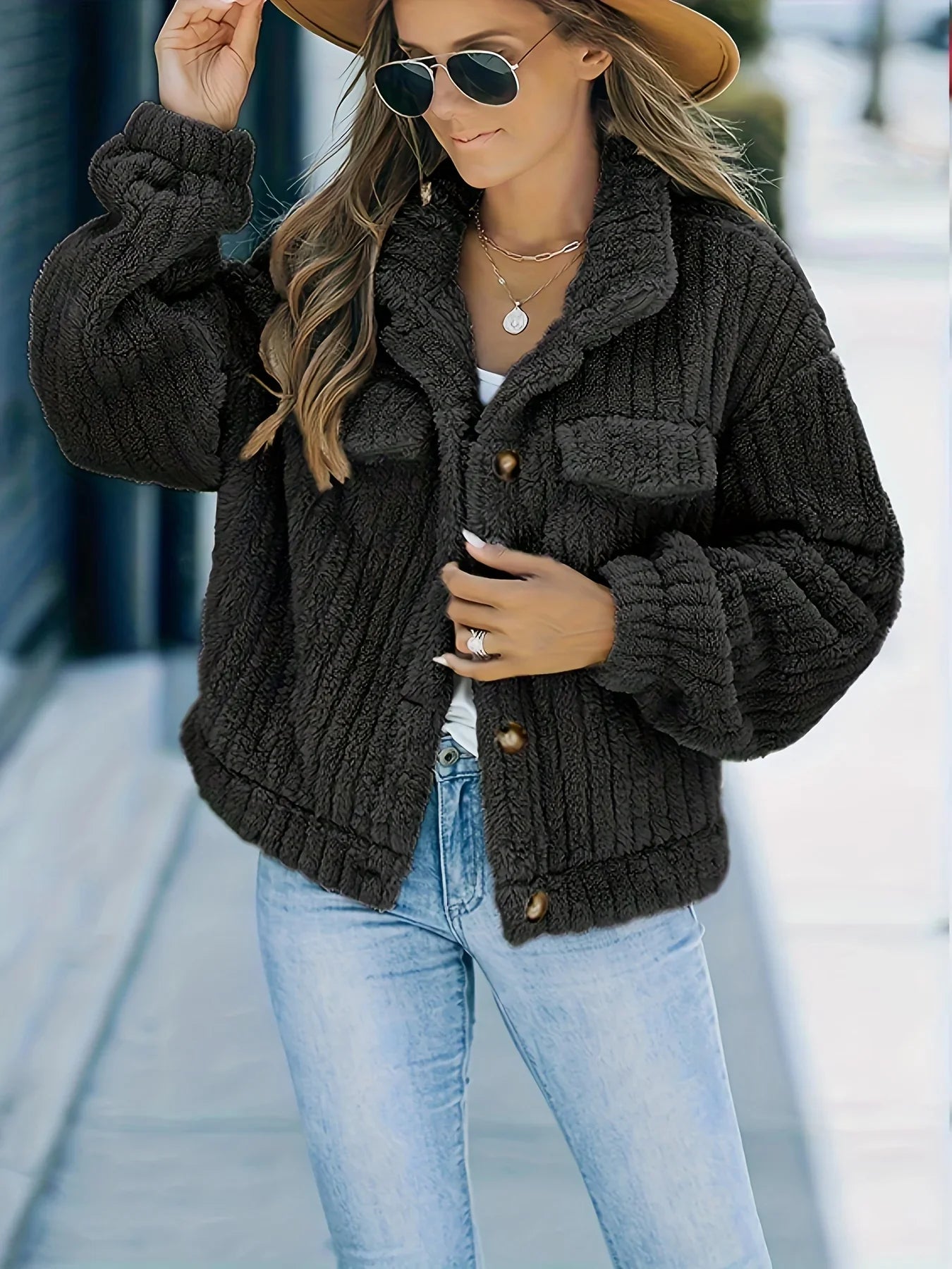 Women's thick ribbed plush lapel coat with pockets
