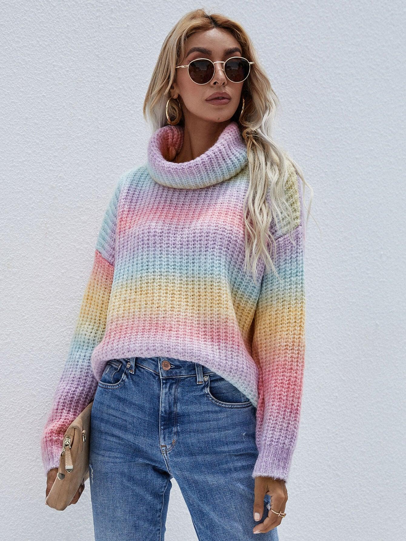 Women's rainbow ribbed turtleneck sweater with drop shoulders