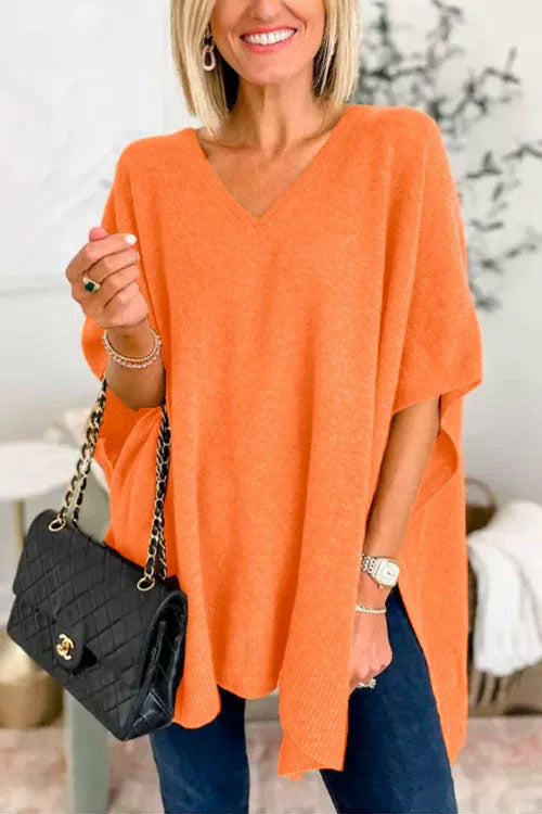 Women's Poncho Top - Loose Fit - Soft Knit - V-Neck Flowy Draped Style