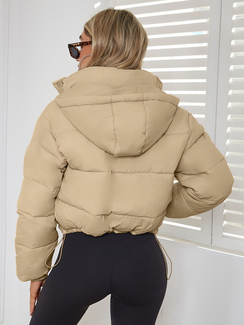 Padded fitted jacket with hooded drawstring for women