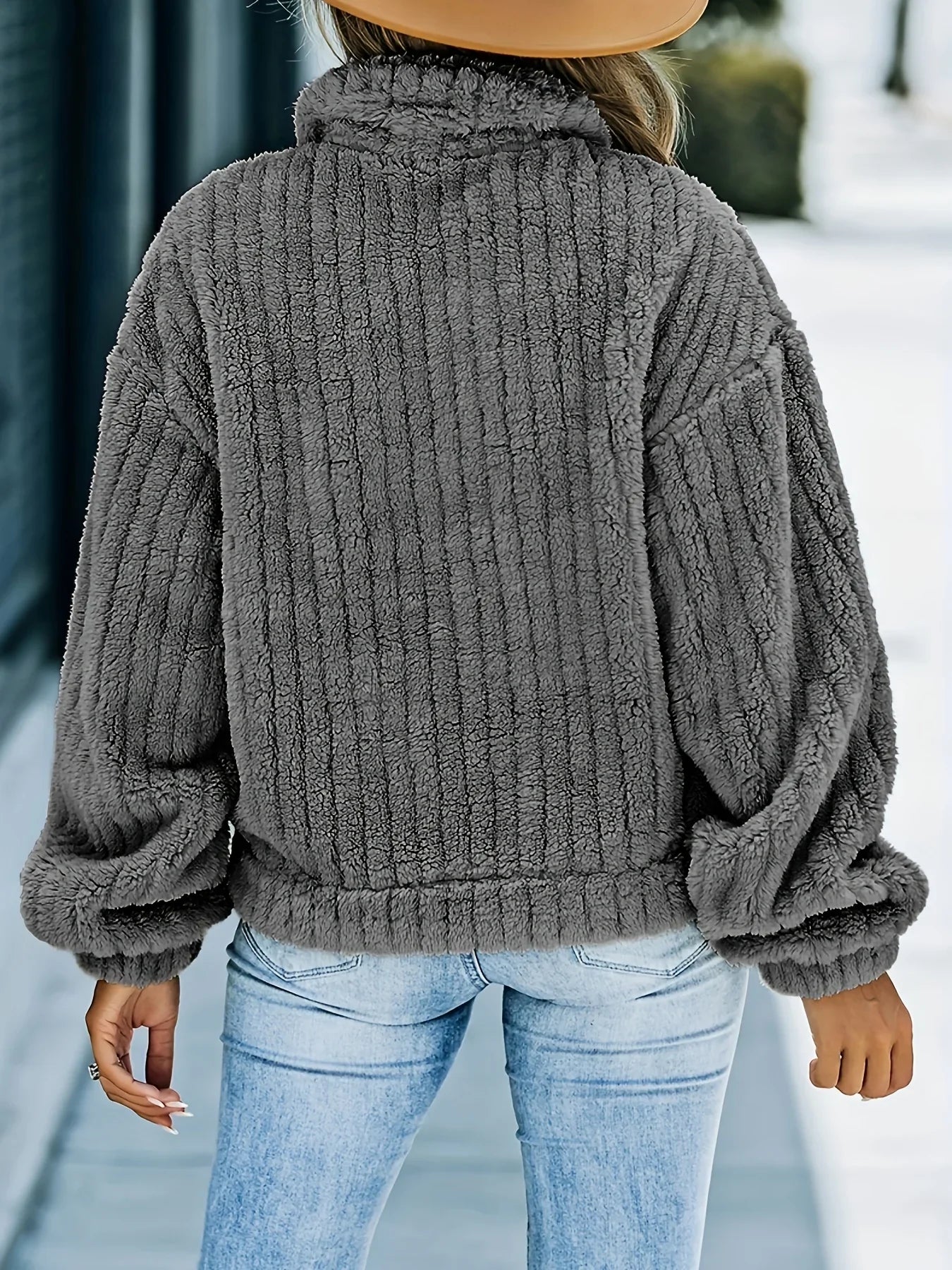 Women's thick ribbed plush lapel coat with pockets